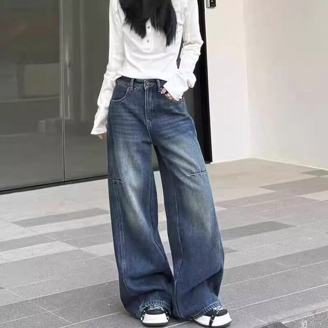 Wide-Leg Jeans for Women, American Design, New Style, Plus-Size, Pear-Shaped, Body-Covering, Curved Knife Pants, Large Size, Retro Straight-Leg Long Pants