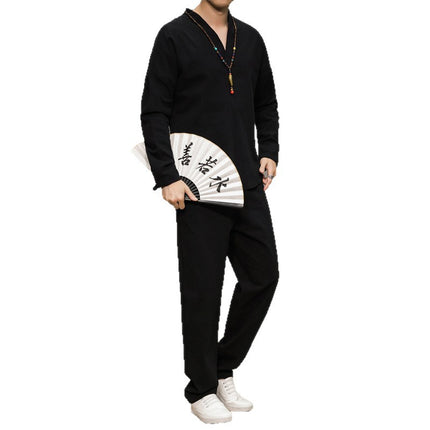 Cotton and Linen Suit Men's Autum New Tang Suit Long-Sleeved Pants Chinese Style Retro Zen Suit Chinese Casual Han Dynasty Suit