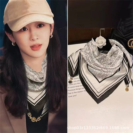 2024 New Magnetic Buckle Silks and Satins Square Scarf Women's Spring and Autum Scarf High-end Decorative Triangle Scarf Neck Protector