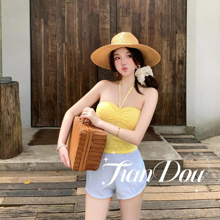 [Lemon Grass] Vacation Beach Colorful Tube Top Beach Hot Spring Swimsuit Bikini Three-Piece Set Pure Desire Dopamine