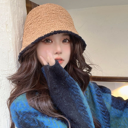Color-Blocked Bucket Hat for Women, Trendy Knitted Hat, Spring and Autumn Korean Style, Versatile, Face-Slimming, Face-Covering Fisherman Hat