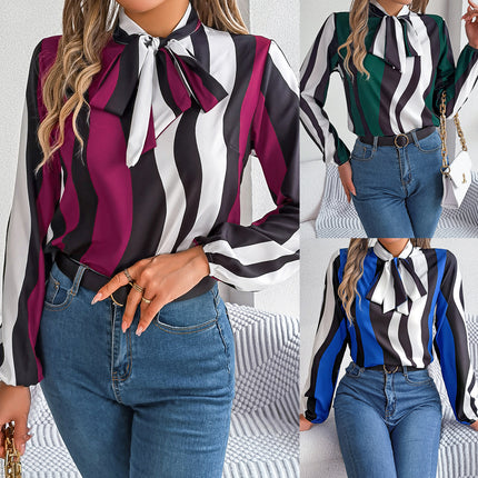 Real shot spring and summer new elegant contrast color striped lace-up lantern sleeve chiffon shirt top Amazon cross-border women's clothing