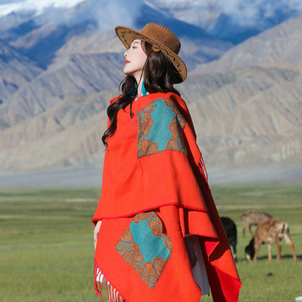 Xinjiang Xizang Travel Photo Split Pocket Ethnic Scarf Women's Dual-use Warm Outer Cape Cape Shawl