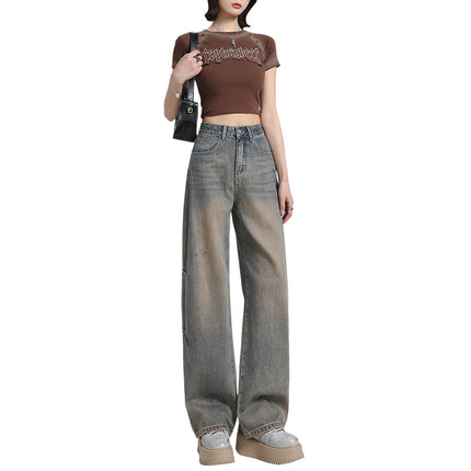 American Style Retro Old High Waist Straight Jeans Women's 2025 Spring New Loose Slim-Fit Pants