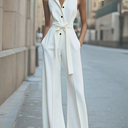 Cross-Border Aliexpress Amazon European and American Women's Clothing Summer Lapel Sleeveless Solid Color Single-Breasted Office Commuting Jumpsuit