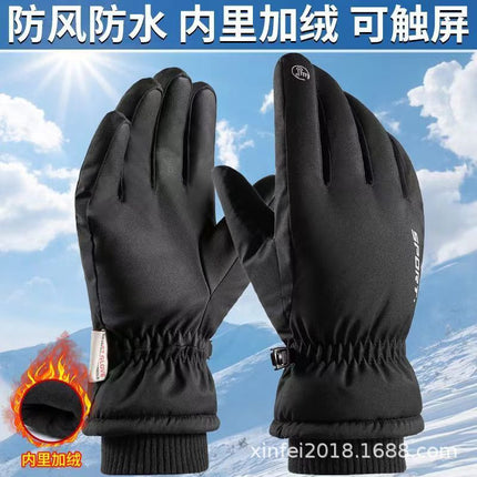 Wholesale black warm gloves men's skiing mountaineering winter plus velvet padded touch screen outdoor cycling five fingers men's