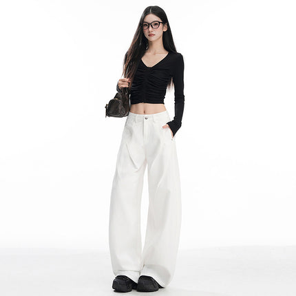 Early Autumn New Design Pleated Wide-Leg Jeans for Women, Versatile, Fashionable, Comfortable, High-Waisted, Loose Straight Pants