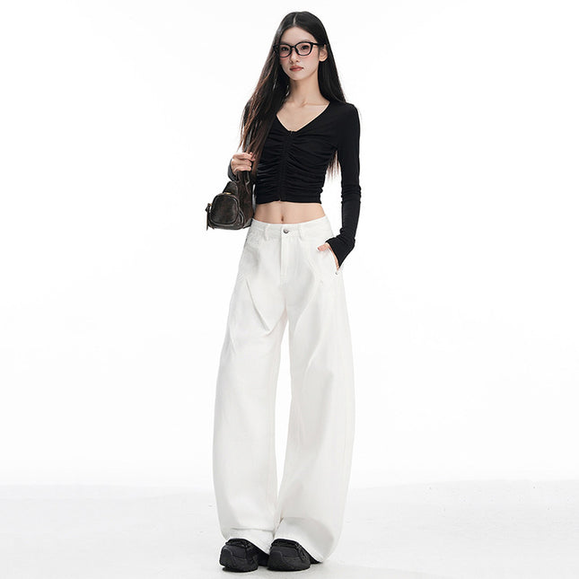 Early Autumn New Design Pleated Wide-Leg Jeans for Women, Versatile, Fashionable, Comfortable, High-Waisted, Loose Straight Pants