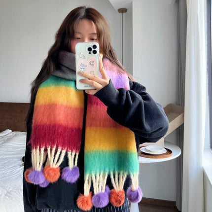 New Colorful Striped Scarf for Women, Winter High-End Thickened Warm Colorful Pom-Pom Versatile Neck Warmer Dopamine Trend