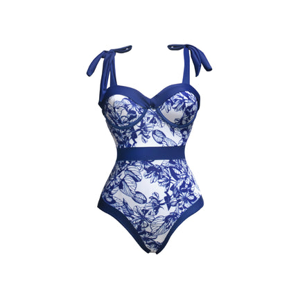 2024 New French lace-up swimsuit women's hot spring beach vacation one-piece bikini sexy printed suit swimsuit