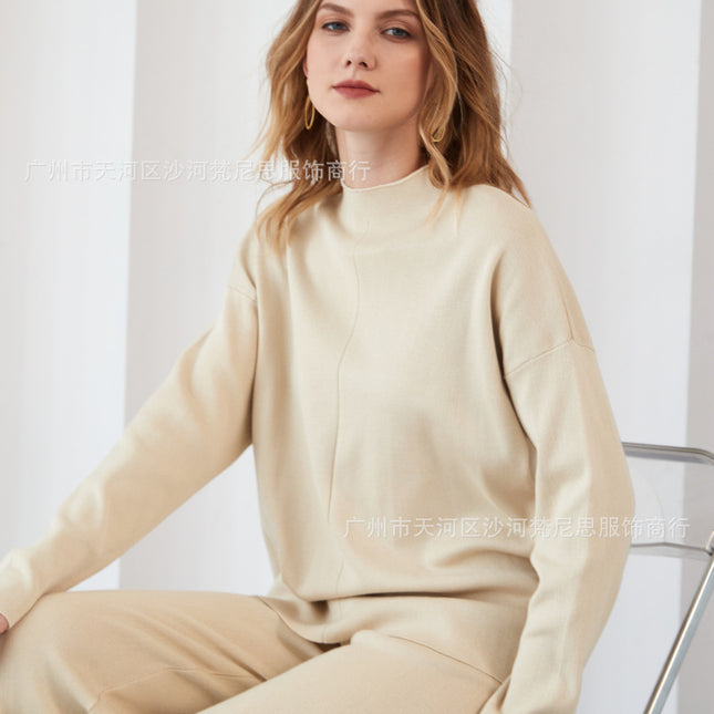In-Stock Autumn and Winter European and American Foreign Trade Popular Long-Sleeve Sweater Set Knit Top and Pants Casual Two-Piece Set
