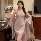 Two-piece set (nightgown + robe) - lavender / Xl【 57.5-67.5kg 】