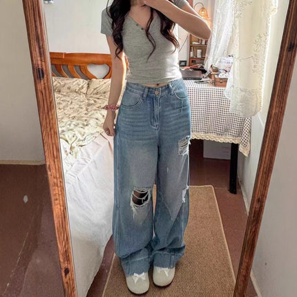American Style Ripped Jeans for Women, Autumn New Plus-Size High-Waisted Pear-Shaped Figure Slimming Loose Wide-Leg Pants