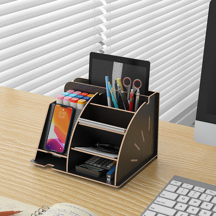 Wooden Pen Holder Storage Box Large Capacity Nordic Creative Fashion Multi-Compartment Pen Holder Office Desktop Storage Shelf