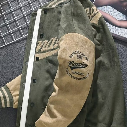 Suede Baseball Suit Men's Spring and Autumn American Vintage Jacket Embroidered Loose Towel Velvet Aviator Top Trendy