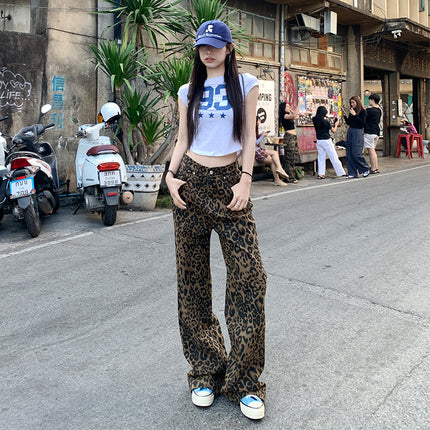 【25Ss】Relaxing Moment｜Lazy Vacation｜Straight Street Japanese Style Brown Leopard Print Wide Leg Jeans