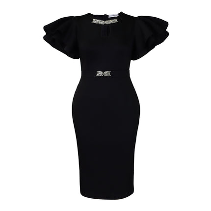 D580 European and American Cross-border Summer Round Neck Lotus Leaf Sleeve Nail Drill Hip dress Party Banquet Hollow Foreign Trade Dress
