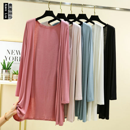 Mid-length Modal Cardigan 2024 Spring and Summer Air-conditioning Shirt Shawl Butt-covering Sunscreen Shirt Beach Thin Coat for Women