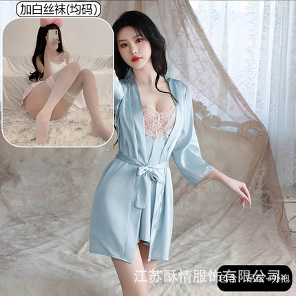 Suqing New Spring and Summer Comfortable Pajamas Backless Sweet Embroidered Lace Sling Nightgown Women's Cardigan Home Clothes suit