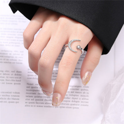 Korean and Japanese New Style High-End Cross-Border Favorite Micro-Inlaid Zircon Five-Pointed Star Moon Ring for Women, Elegant Open Ring Jewelry