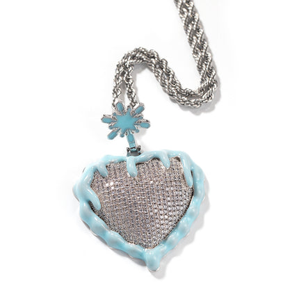 European and American Hip Hop Oil Dropping Love Sweater Necklace Oil Dropping Luminous Ice and Fire Heart-shaped Fashion Didi Bouncer Pendant Necklace