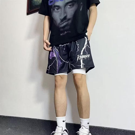 Men's American-Style Shorts with Lightning Bolt Design, Trendy Basketball Sports Shorts, Knee-Length Running Fitness Casual Pants
