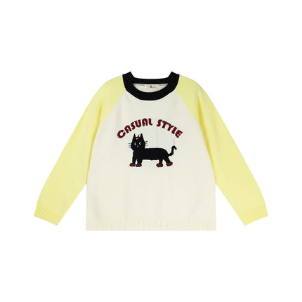Shuangtian 2025 New Autum Plus Size Women's Knitwear Fat Girl Cartoon Cat Contrast Color Knitwear F561