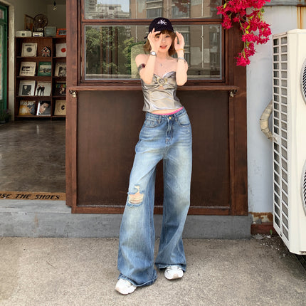 American Style Ripped Bootcut Jeans for Women 2025 Summer New Loose High-Waisted Slimming Non-Stick Leg Flared Pants
