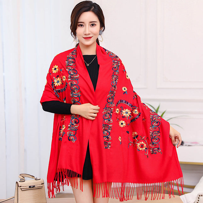 Ethnic Style Border Cashew Embroider Flower 300g Scarf Imitation Cashmere Gift Shawl Travel Cloak Warm Shawl