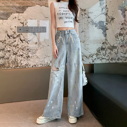 2025 New Light Blue Ripped Jeans for Women Summer Thin High Waist Loose Wide Leg Straight Floor Mopping Pants