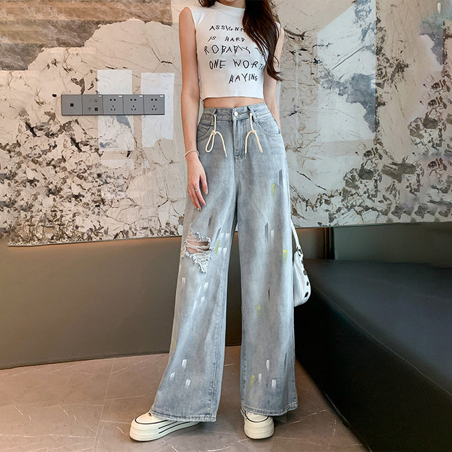 2025 New Light Blue Ripped Jeans for Women Summer Thin High Waist Loose Wide Leg Straight Floor Mopping Pants