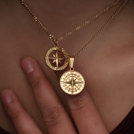 Classic Stainless Steel Compass Compass Necklace North Star Pendant Sweater Chain Men's and Women's Clavicle Chain Plated with 18K Gold