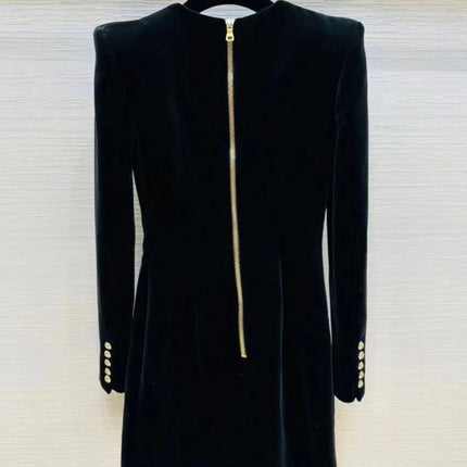 Foreign trade cross-border European and American stars same Style B lion buckle black velvet V-neck long sleeve dress coat socialite suit skirt
