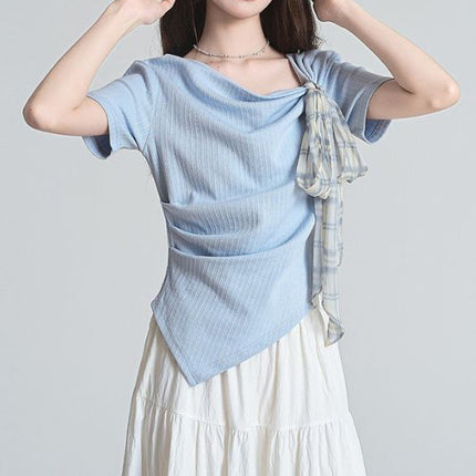 Foreign Trade Wholesale French-Style Tie-Up Irregular Design Short-Sleeve T-Shirt for Women, Super Stylish Off-Shoulder Slim-Fit Crop Top