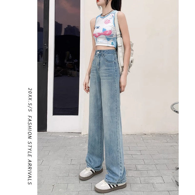 Vintage Straight Leg Jeans Women's Fashion All-match New Arrival Loose High Waist Slimming Narrow Light Color Wide Leg Trousers