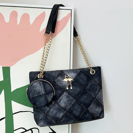 Cross-border Two-piece Fashionable Distinctive Denim Pattern Diamond Pattern Embroidered Tote Large Bag with Mini Change Small Round Bag Trendy