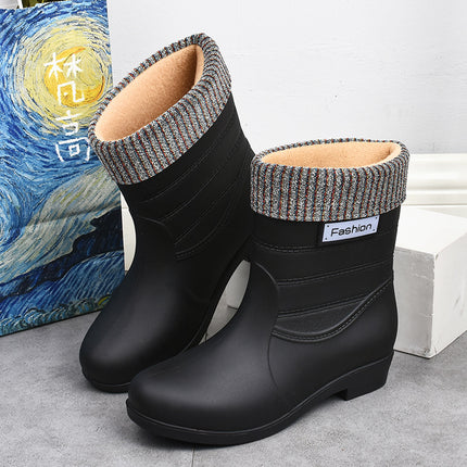 New fashion rain boots Women's Mid-calf warm rain boots non-slip water shoes work rubber shoes adult cotton-padded water boots overshoes