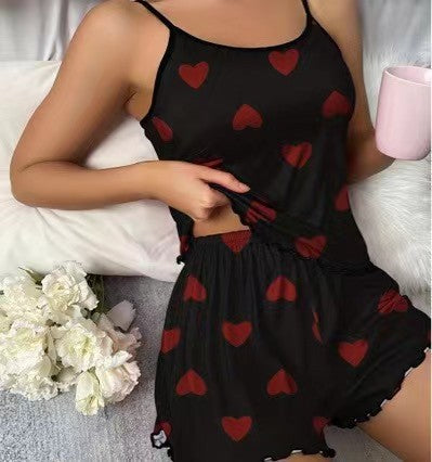 Cross-Border European and American Summer Love Women's Pajamas Two-Piece Set Sexy Casual Camisole Shorts Home Wear Set