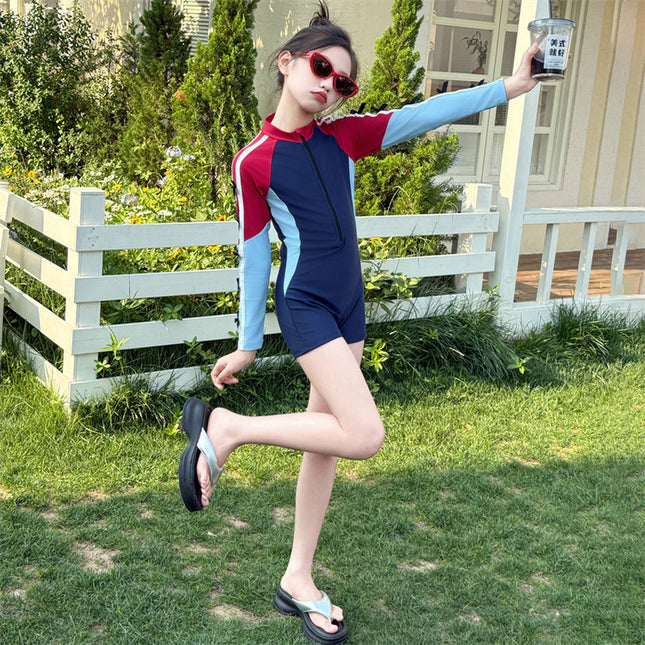 Girls Swimsuit 2025 New Style Kidsren's Style One-Piece Swimsuit Little Girl Long-Sleeved Butterfly Sunscreen Quick-Drying Swimsuit