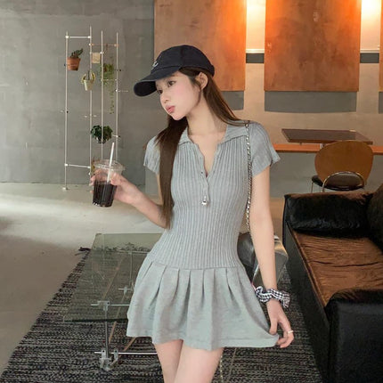 Grey Polo Neck Short-sleeved dress Women's Summer Slim-fit Tight Waisted Short Skirt Small Hot Girl Slim A- line Skirt