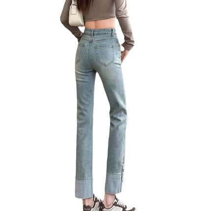light blue Narrow Smoke Tube Jeans Women's Fashionable All-match High Waist Meat Covering Slimming Flap Cropped Straight Pants
