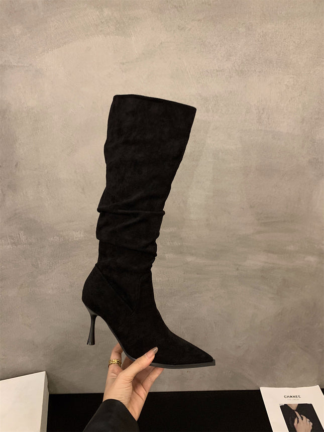 High-Heeled Pointed-Toe Khaki Suede Stacked Long Boots Women's Shoes 2025 Spring and Autumn Single Boots Slim Long Tube Riding Boots