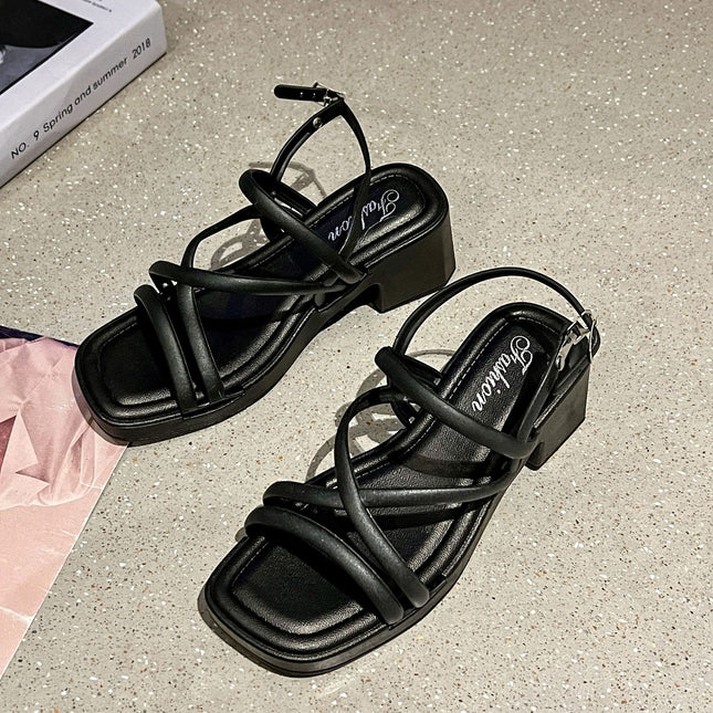 High Heel Sandals and Slippers Women's Summer New Arrival Fashion Fairy Style All-Match Outer Wear Non-Slip Simple Solid Color Thick Bottom Chunky Heel Shoes