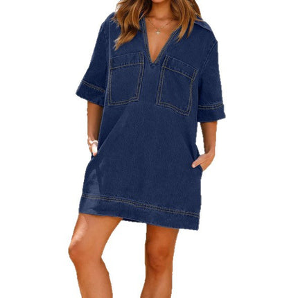 2023 Independent Station Amazon Cross-Border New Product European and American Style Lapel Short-Sleeved Loose Denim Dress 3223