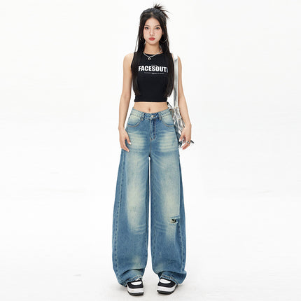 Retro American-Style Washed Ripped Design Curved Knife Jeans for Women Cross-Border Three-Dimensional Cut Silhouette Banana Pants