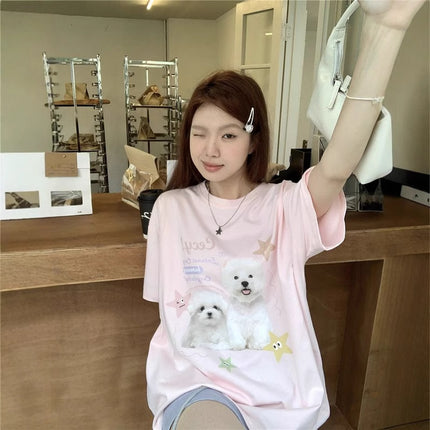Sweet Cute Dog Printed Round Neck T-shirt Short-sleeved Women's 2025 Summer Korean Style Casual Pink Top