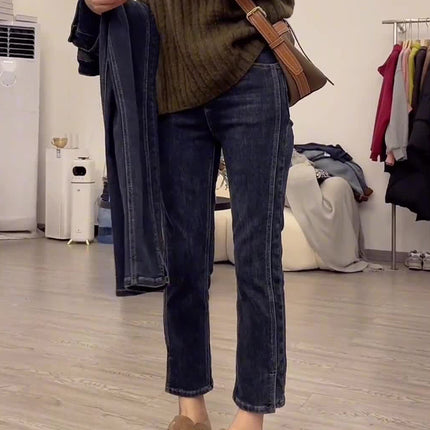 High-Waisted Straight-Leg Jeans for Petite Women, Autumn Slimming Plus-Size Pear-Shaped Figure Cigarette Pants