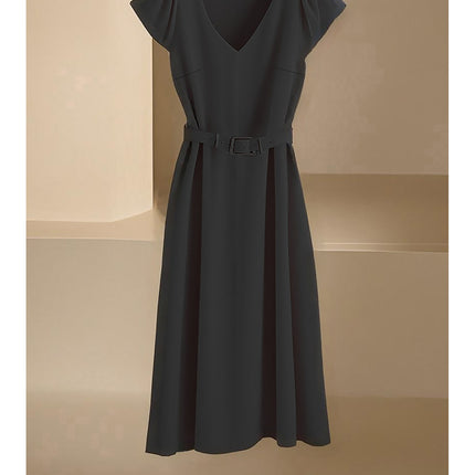 Amazon Spring and Summer New Skin-Friendly and Comfortable V-Neck Fashionable and Elegant Work Clothing Casual Pure Color Mid-Length Skirt & Without Belt