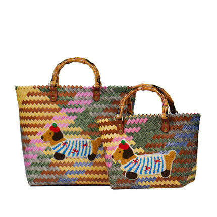 Dachshund Puppy Vegetable Basket Woven Bag Work Commuter Bag Portable Vegetable Basket Rattan Beach Bag Colorful Bag