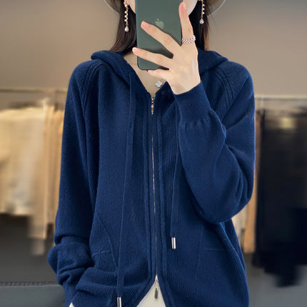 Wool Blend 2026 Autumn and Winter New Women's Hooded Sweatshirt Loose Plus-Size Short Knitted Hoodie Base Layer Cardigan
